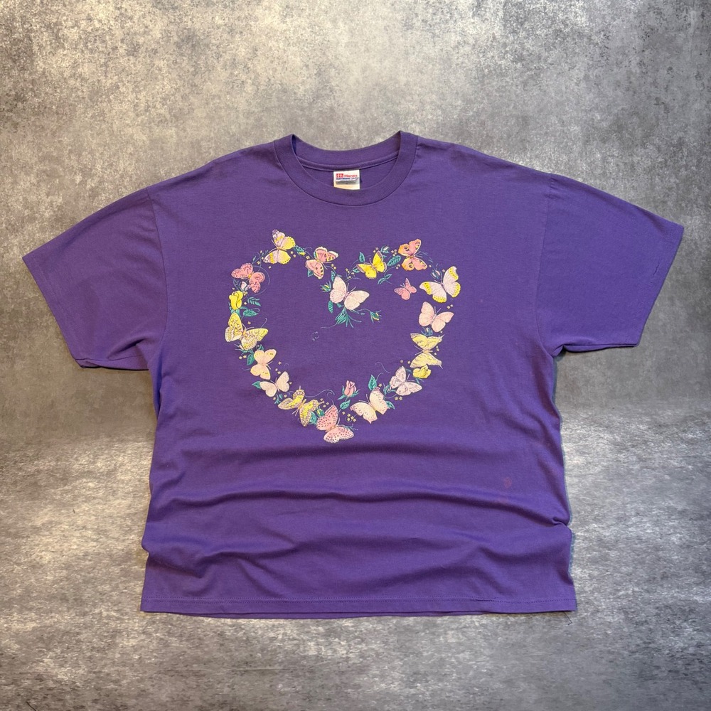 Vintage‎ Cottage Purple Butterfly Heart T-Shirt Womens XL Single Stitch Granny